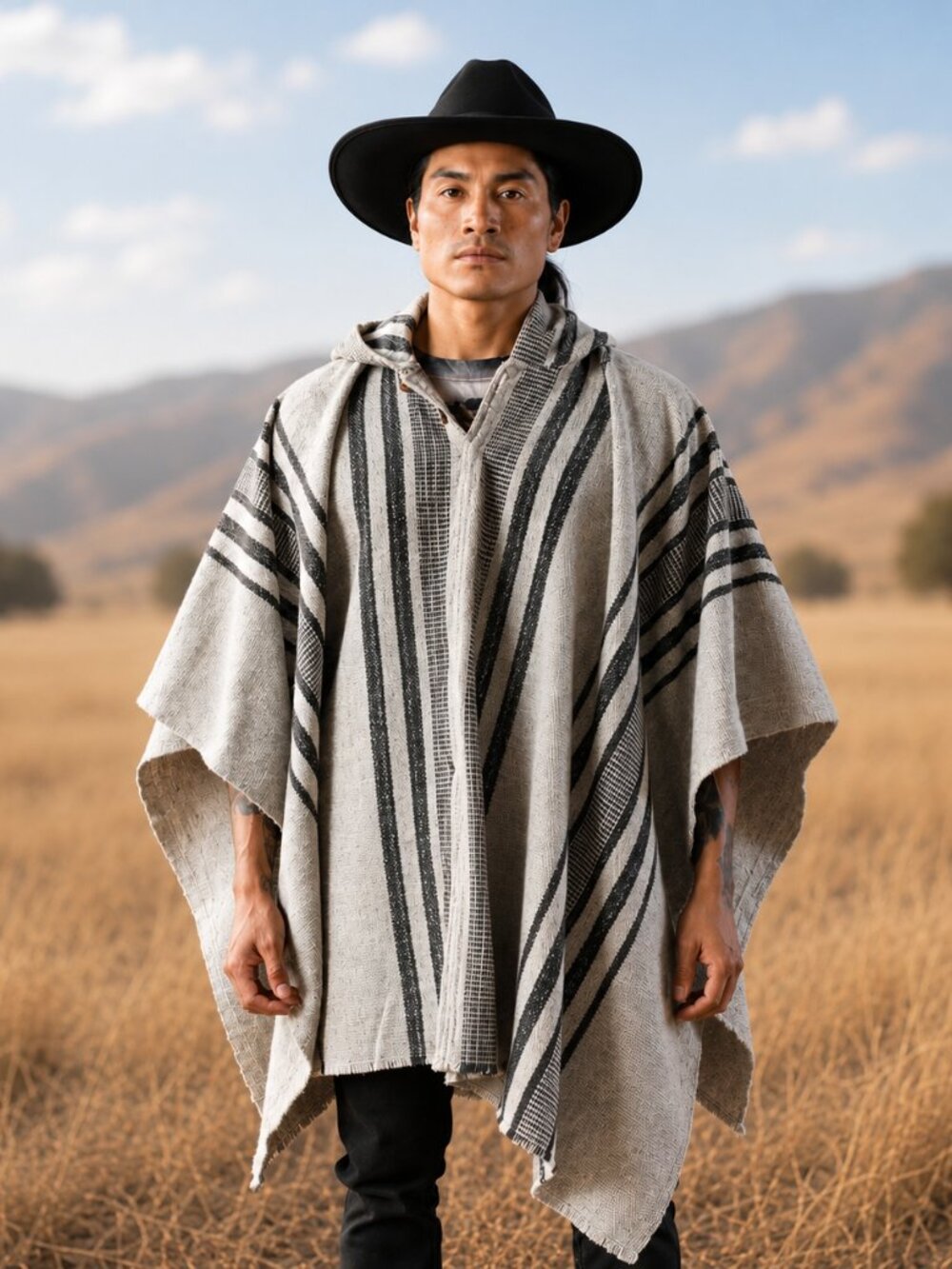 Handwoven Unisex Native American Wool Poncho - 100% Highland Wool Pullover Coat